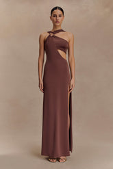 Lottie Slinky Maxi Dress With Split - Chocolate